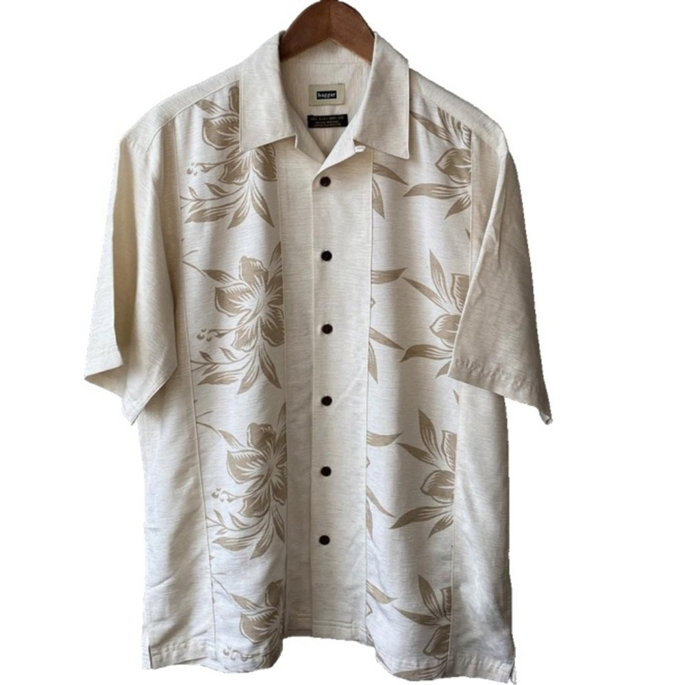 Haggar Silk Hawaiian Shirt Ivory Floral MEDIUM